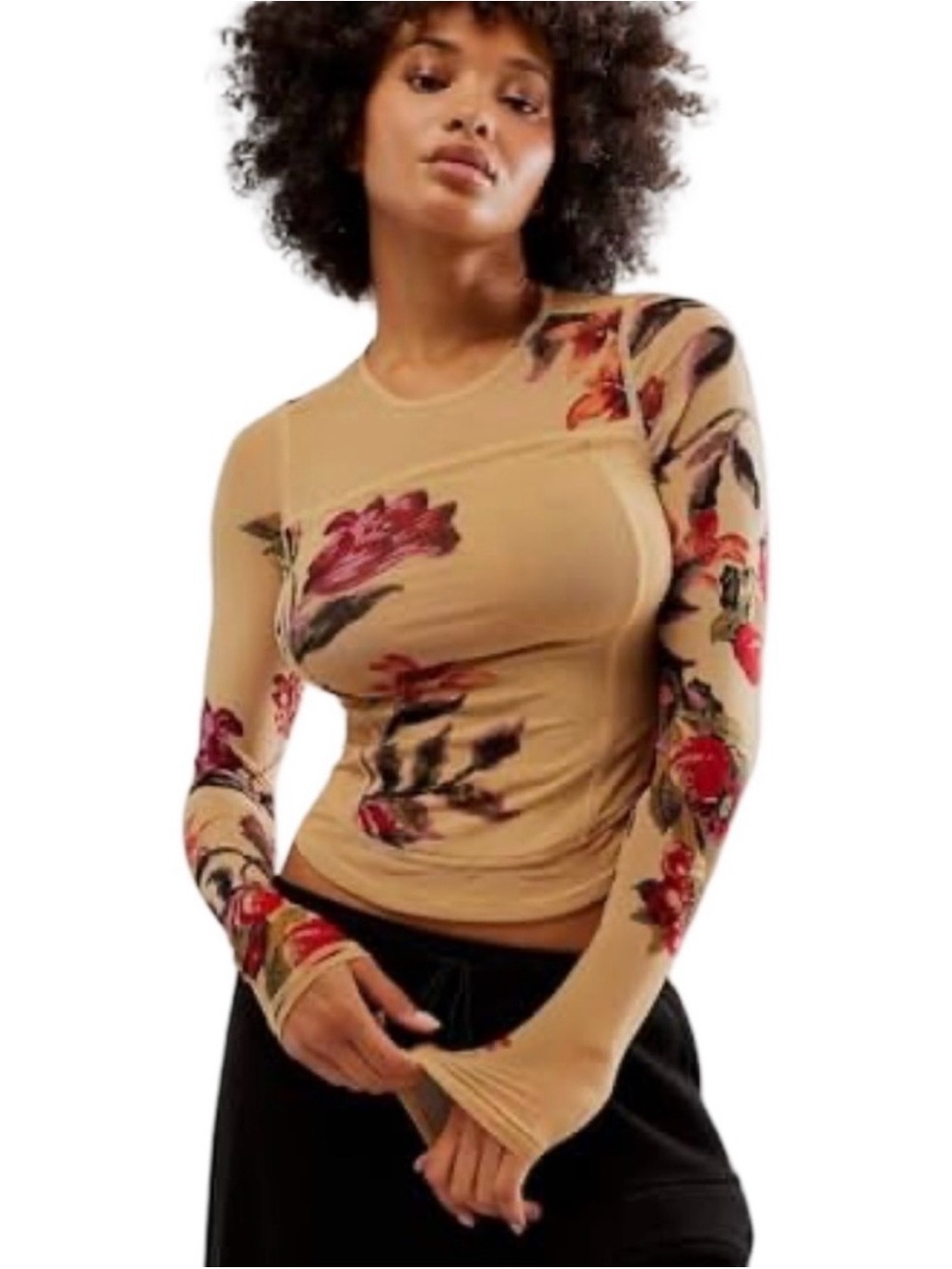 Free People Copper Label Long-Sleeve Slim Fit Top - Beige with Red Floral Print